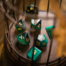 Gemstone Dark Green Cats Eye Stone Hand Carved DND Dice Set - Bards & Cards