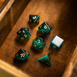Gemstone Dark Green Cats Eye Stone Hand Carved DND Dice Set - Bards & Cards