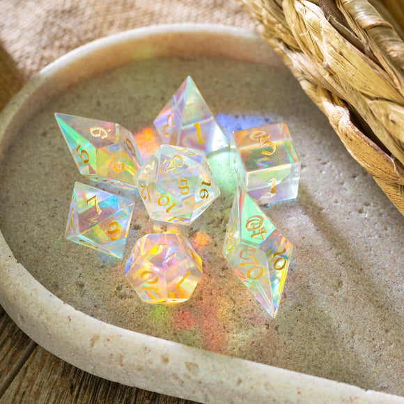 Gemstone Dichroic Glass Elven Cut DND Dice Set - Bards & Cards