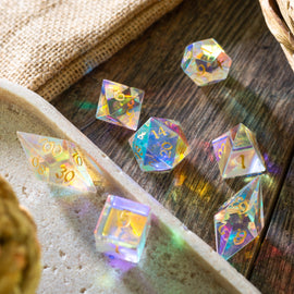 Gemstone Dichroic Glass Elven Cut DND Dice Set - Bards & Cards