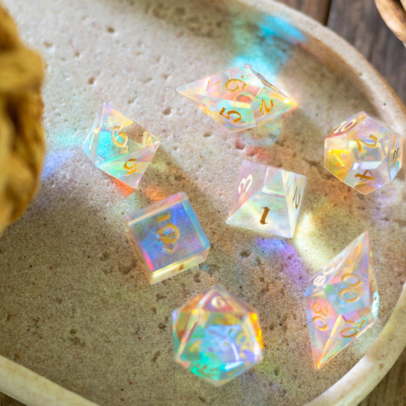 Gemstone Dichroic Glass Elven Cut DND Dice Set - Bards & Cards