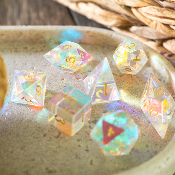 Gemstone Dichroic Glass Elven Cut DND Dice Set - Bards & Cards