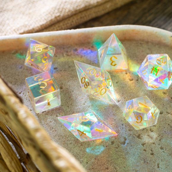 Gemstone Dichroic Glass Elven Cut DND Dice Set - Bards & Cards