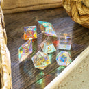 Gemstone Dichroic Glass Elven Cut DND Dice Set - Bards & Cards