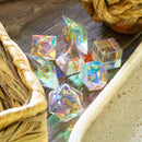 Gemstone Dichroic Glass Elven Cut DND Dice Set - Bards & Cards