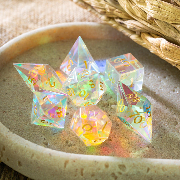 Gemstone Dichroic Glass Elven Cut DND Dice Set - Bards & Cards