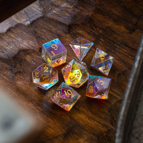 Gemstone Dichroic Glass Hand Carved DND Dice Set - Bards & Cards