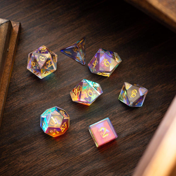 Gemstone Dichroic Glass Hand Carved DND Dice Set - Bards & Cards