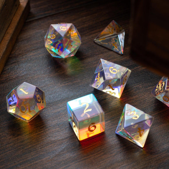 Gemstone Dichroic Glass Hand Carved DND Dice Set - Bards & Cards