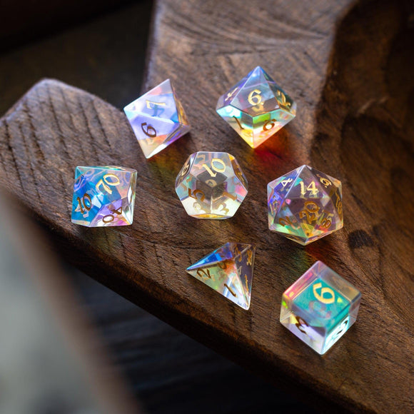 Gemstone Dichroic Glass Hand Carved DND Dice Set - Bards & Cards