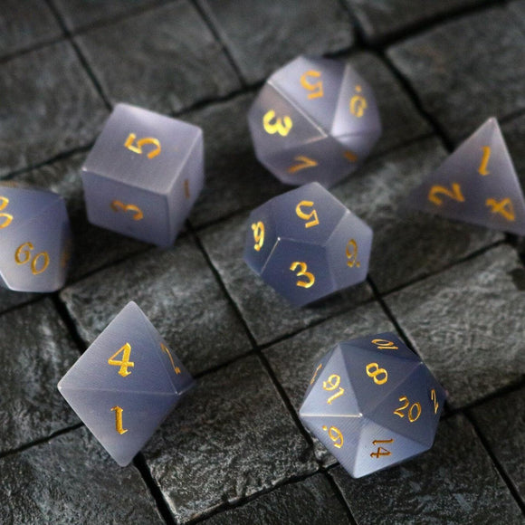 Gemstone Gray Cats Eye Stone DND Dice Set - Bards & Cards