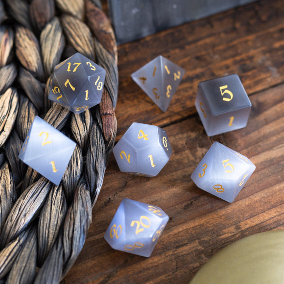 Gemstone Gray Cats Eye Stone DND Dice Set - Bards & Cards