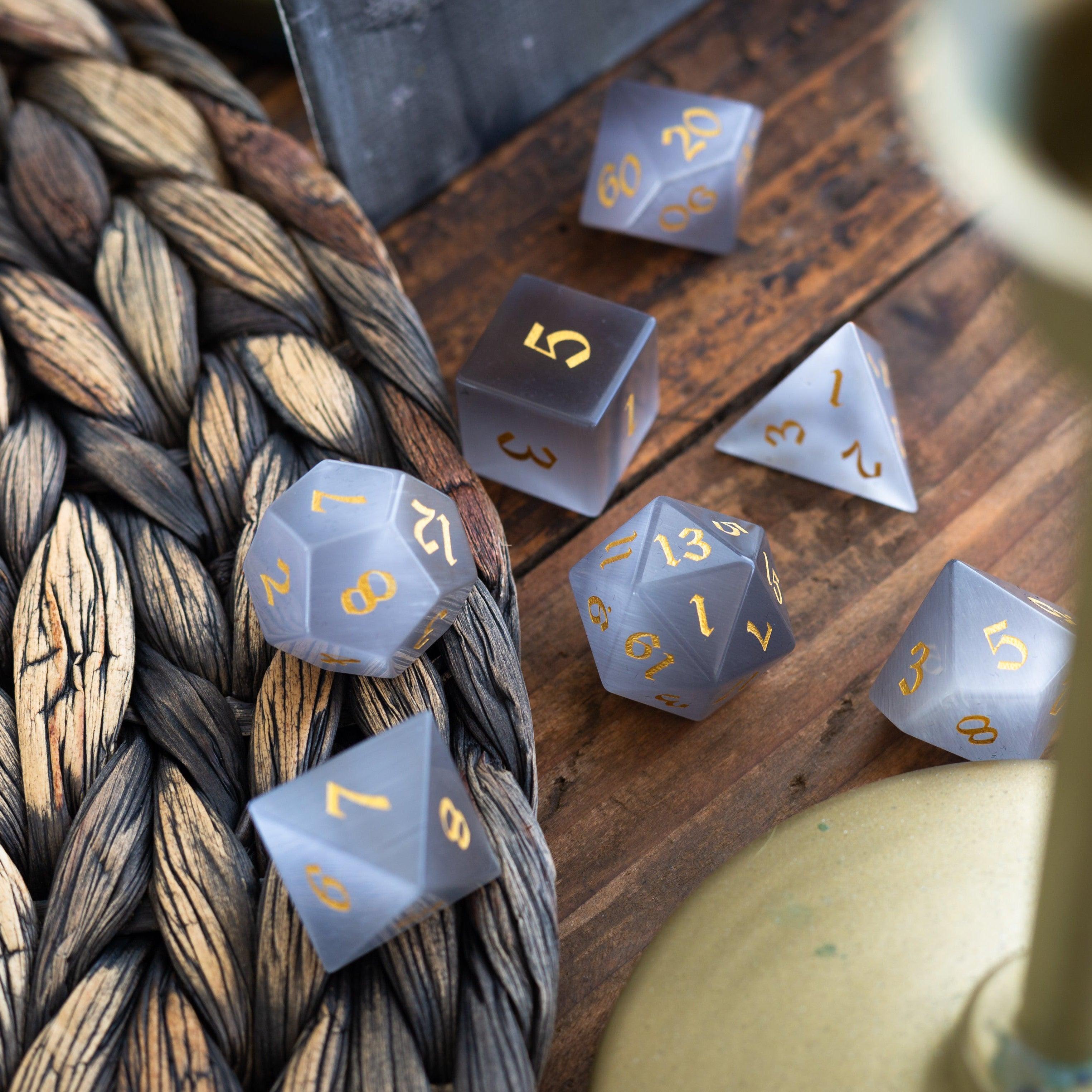 Gemstone Gray Cats Eye Stone DND Dice Set - 0