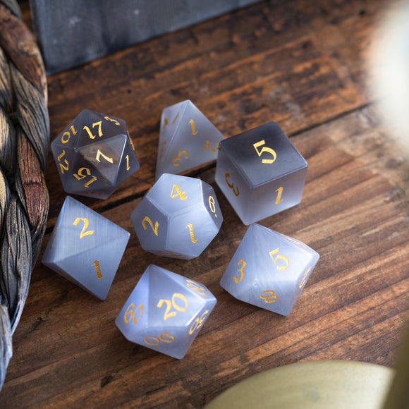 Gemstone Gray Cats Eye Stone DND Dice Set - Bards & Cards