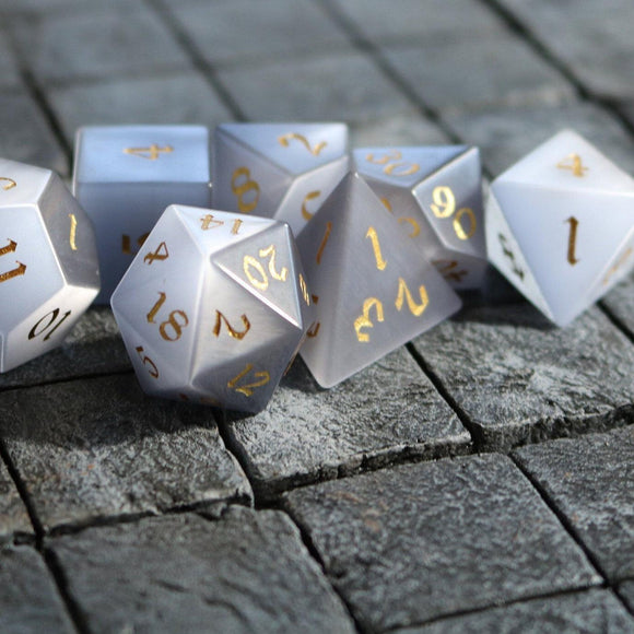 Gemstone Gray Cats Eye Stone DND Dice Set - Bards & Cards