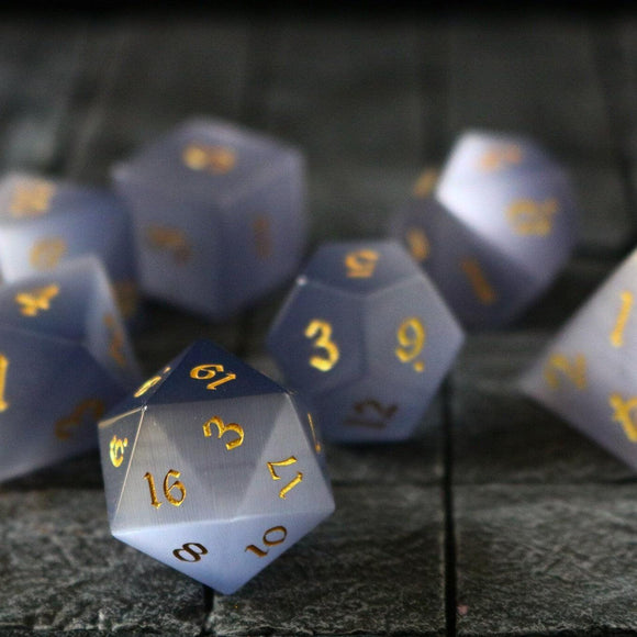 Gemstone Gray Cats Eye Stone DND Dice Set - Bards & Cards
