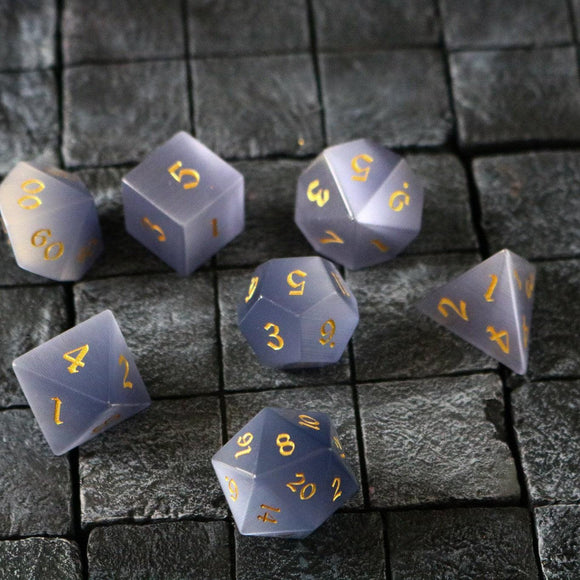 Gemstone Gray Cats Eye Stone DND Dice Set - Bards & Cards