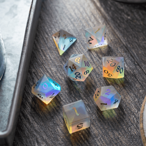 Gemstone (Inked) Raised Dichroic Glass DND Dice Set - Bards & Cards