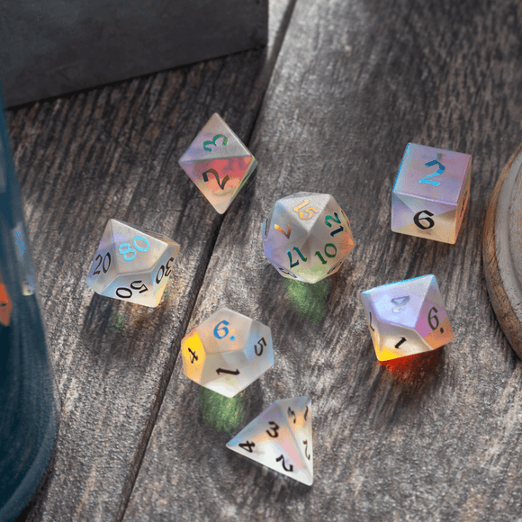 Gemstone (Inked) Raised Dichroic Glass DND Dice Set - Bards & Cards