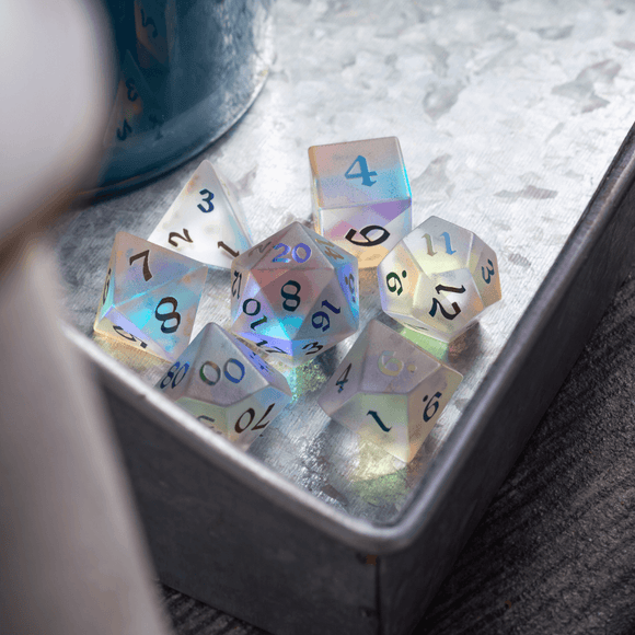 Gemstone (Inked) Raised Dichroic Glass DND Dice Set - Bards & Cards