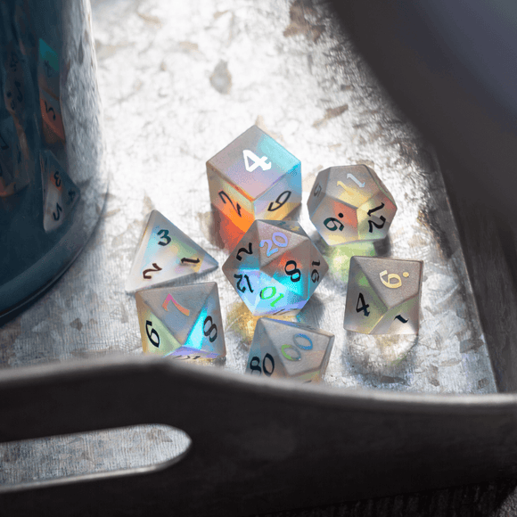 Gemstone (Inked) Raised Dichroic Glass DND Dice Set - Bards & Cards
