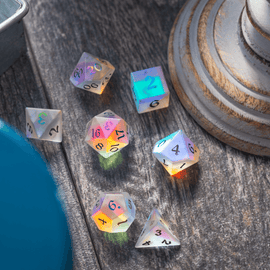 Gemstone (Inked) Raised Dichroic Glass DND Dice Set - Bards & Cards