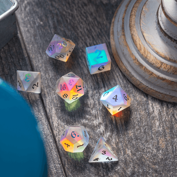 Gemstone (Inked) Raised Dichroic Glass DND Dice Set - Bards & Cards