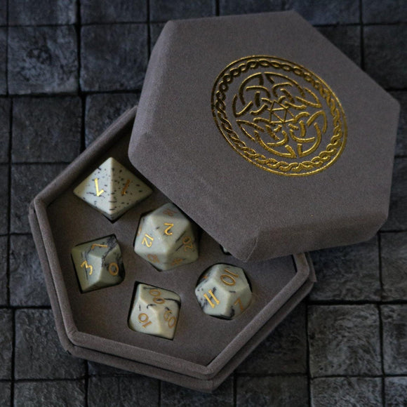 Gemstone Jasper Hand Carved (And Box) DND Dice Set - Bards & Cards