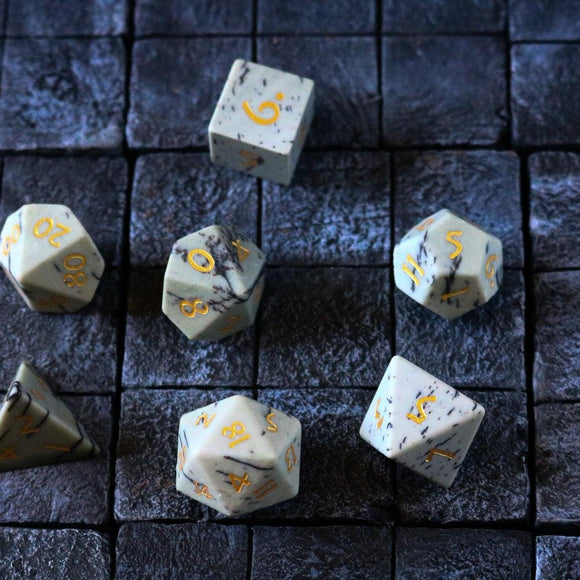 Gemstone Jasper Hand Carved (And Box) DND Dice Set - Bards & Cards
