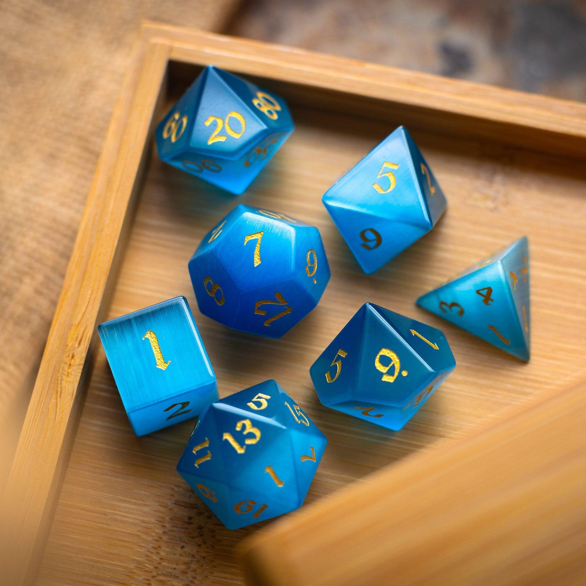 Gemstone Light Blue Cats Eye Stone Hand Carved DND Dice Set - 0