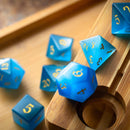 Gemstone Light Blue Cats Eye Stone Hand Carved DND Dice Set - Bards & Cards