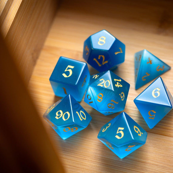 Gemstone Light Blue Cats Eye Stone Hand Carved DND Dice Set - Bards & Cards