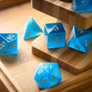 Gemstone Light Blue Cats Eye Stone Hand Carved DND Dice Set - Bards & Cards