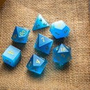 Gemstone Light Blue Cats Eye Stone Hand Carved DND Dice Set - Bards & Cards