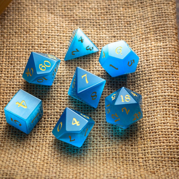Gemstone Light Blue Cats Eye Stone Hand Carved DND Dice Set - Bards & Cards