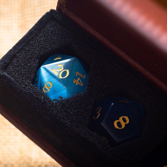 Gemstone Light Blue Cats Eye Stone Hand Carved DND Dice Set - Bards & Cards