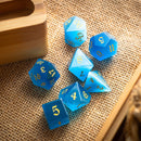 Gemstone Light Blue Cats Eye Stone Hand Carved DND Dice Set - Bards & Cards