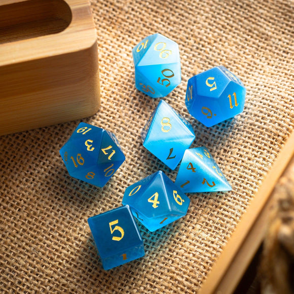 Gemstone Light Blue Cats Eye Stone Hand Carved DND Dice Set - Bards & Cards
