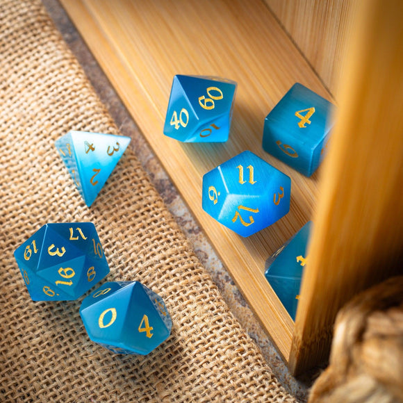 Gemstone Light Blue Cats Eye Stone Hand Carved DND Dice Set - Bards & Cards