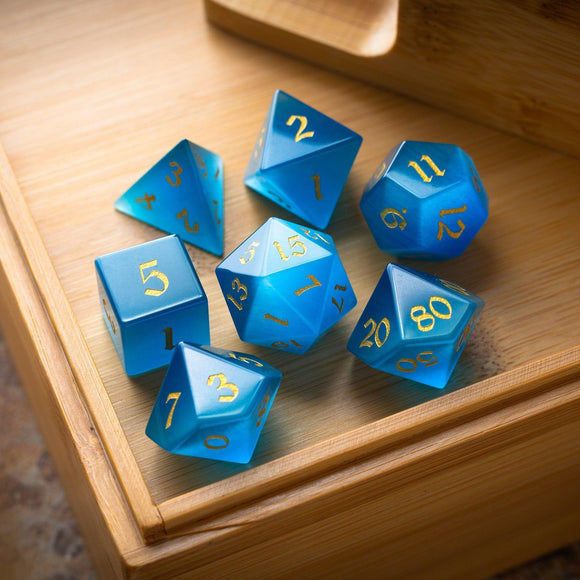 Gemstone Light Blue Cats Eye Stone Hand Carved DND Dice Set - Bards & Cards