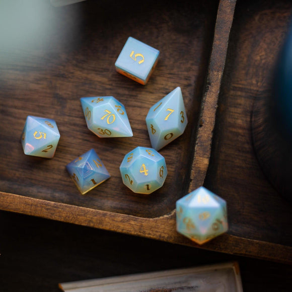 Gemstone Opalite Elven Cut DND Dice Set - Bards & Cards