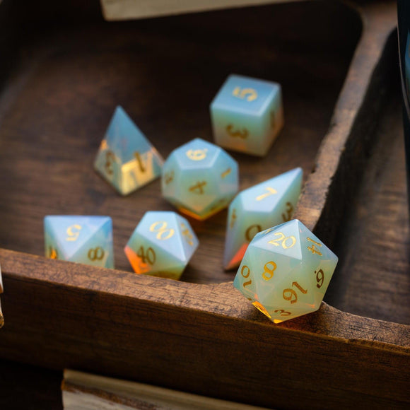 Gemstone Opalite Elven Cut DND Dice Set - Bards & Cards
