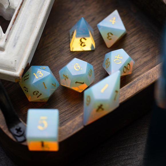 Gemstone Opalite Elven Cut DND Dice Set - Bards & Cards