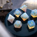 Gemstone Opalite (Gold Font) Hand Carved DND Dice Set - Bards & Cards