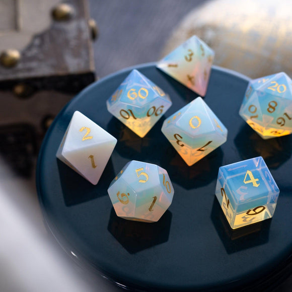 Gemstone Opalite (Gold Font) Hand Carved DND Dice Set - Bards & Cards