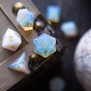 Gemstone Opalite (Gold Font) Hand Carved DND Dice Set - Bards & Cards