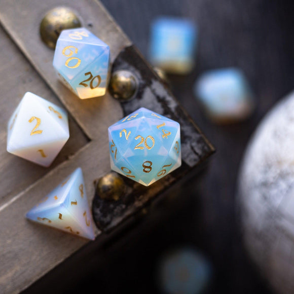 Gemstone Opalite (Gold Font) Hand Carved DND Dice Set - Bards & Cards