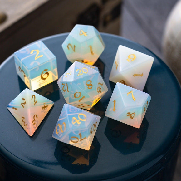 Gemstone Opalite (Gold Font) Hand Carved DND Dice Set - Bards & Cards