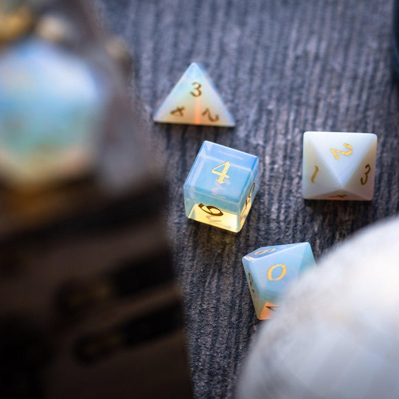 Gemstone Opalite (Gold Font) Hand Carved DND Dice Set - Bards & Cards