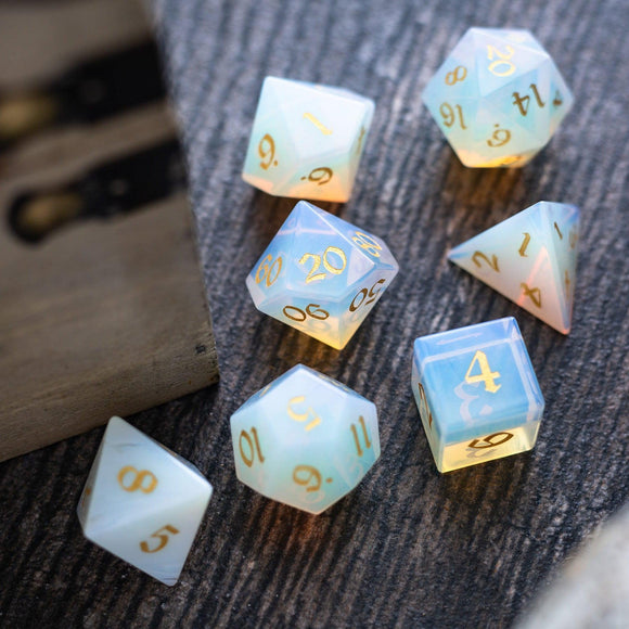 Gemstone Opalite (Gold Font) Hand Carved DND Dice Set - Bards & Cards